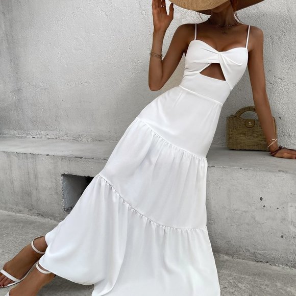 White Boho Womens Twist Front Cut Out Ruffle Hem Maxi Cami Dress - Picture 1 of 5